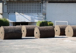 Tepes preparados en el exterior del Helmántico para ser instalados en el terreno de juego.