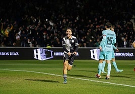 Álvaro Gómez celebra su gol al Barcelona en la Copa del Rey de la pasada temporada.
