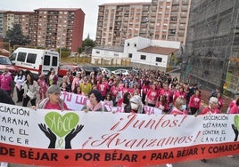 Sendas pancartas abrieron la comitiva en el recorrido por el del día contra el cáncer de mama en Béjar