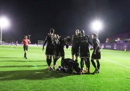 Los jugadores del Salamanca UDS celebran el tanto de Emaná.