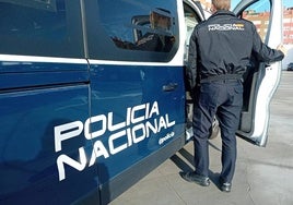 Un agente y un coche de la Policía Nacional. |