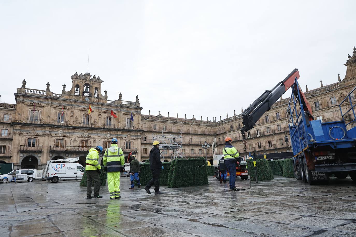 El árbol navideño va tomando forma en la Plaza Mayor