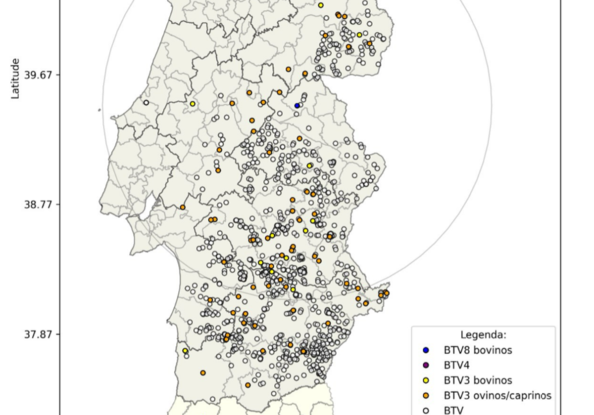 Mapa de focos de lengua azul en granjas portuguesas.