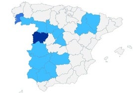 Imagen del mapa publicado por el Ministerio de Sanidad, en el que se señalan las provincias que se encuentran en alerta por las bajas temperaturas.