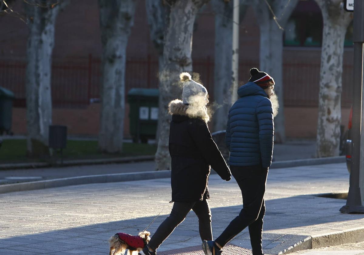 Una pareja pasea por Salamanca en un día de frío.