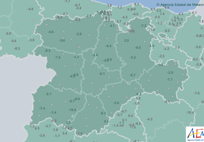 Mapa de temperaturas mínimas registradas en Castilla y León este miércoles elaborado por la Agencia Estatal de Meteorología.