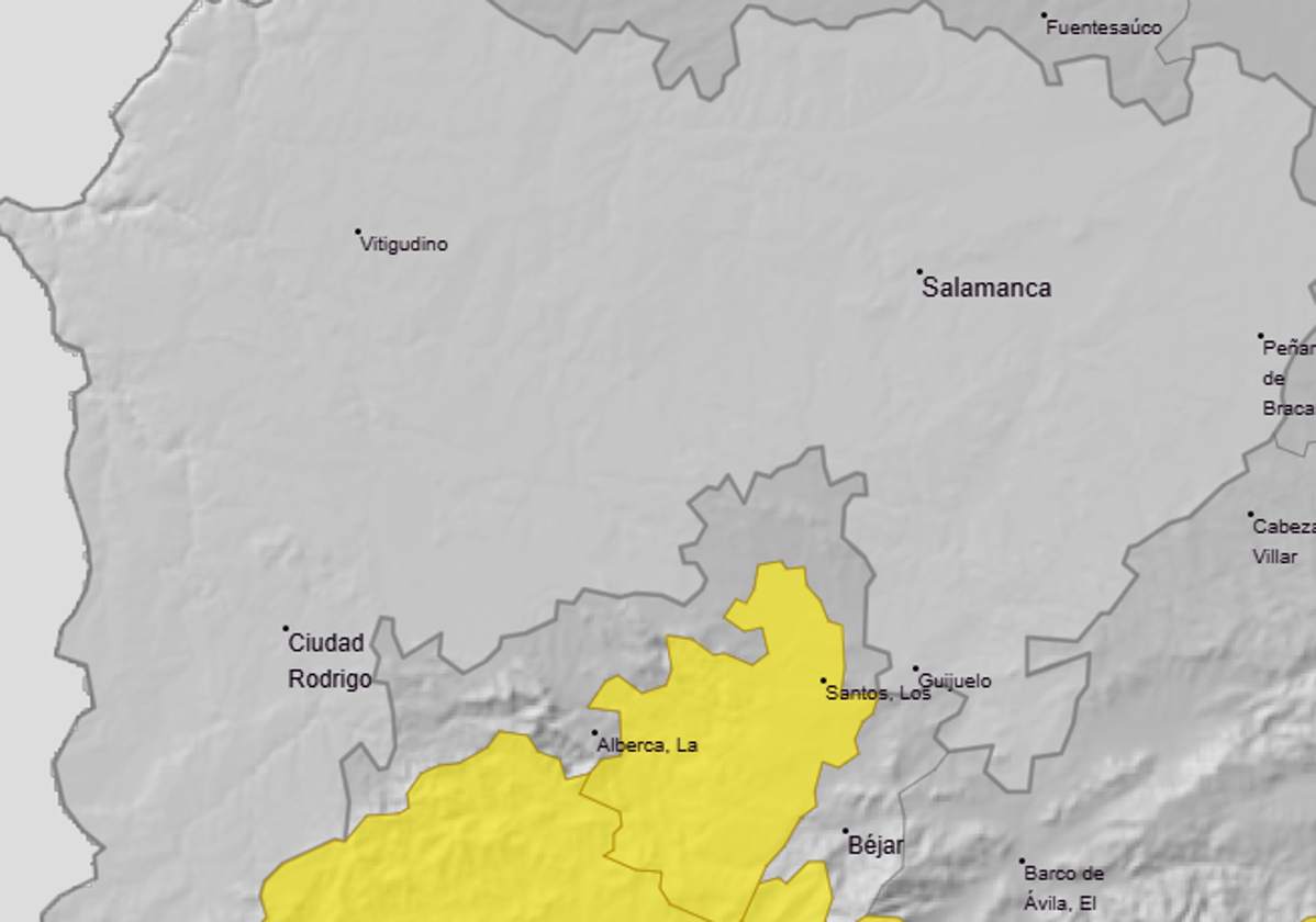 Mapa del área afectada por el aviso amarillo por fuertes lluvias.