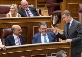 El líder del PP, Alberto Núñez Feijóo, charlando en el Congreso con Aitor Esteban, portavoz del PNV