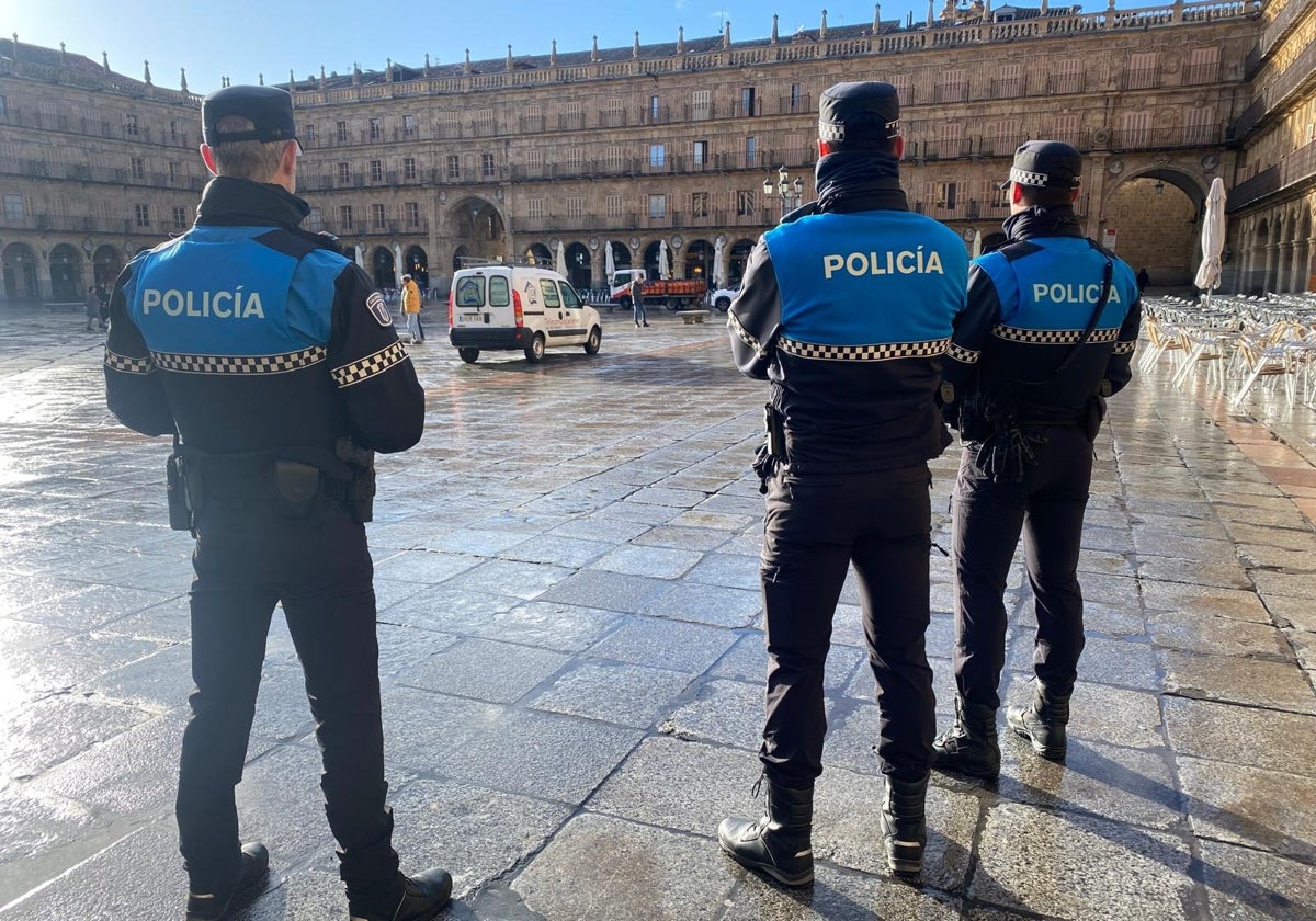 Agentes de la patrulla permanente de la Plaza controlan los vehículos de carga y descarga.