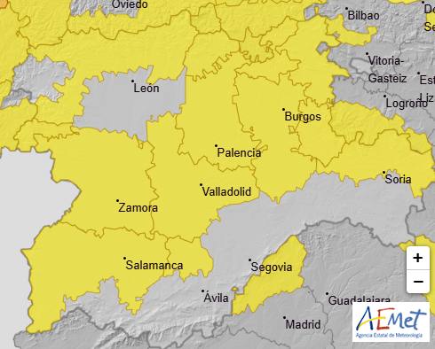 Imagen del mapa con los avisos amarillos activados este miércoles en Castilla y León, publicado por la Agencia Estatal de Meteorología (AEMET).