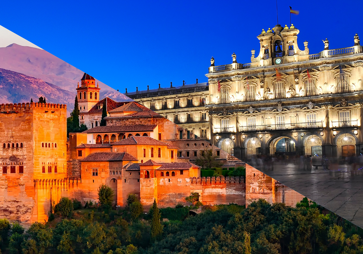 Alhambra de Granada y Plaza Mayor de Salamanca.