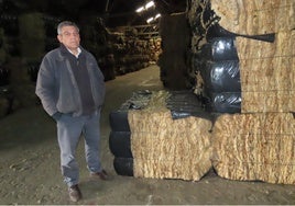 Juan Antonio Cuesta, con balas de lana en su almacén de Macotera.