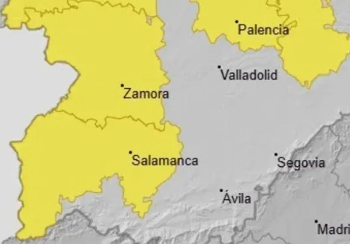 Mapa de las provincias afectadas por el aviso amarillo.