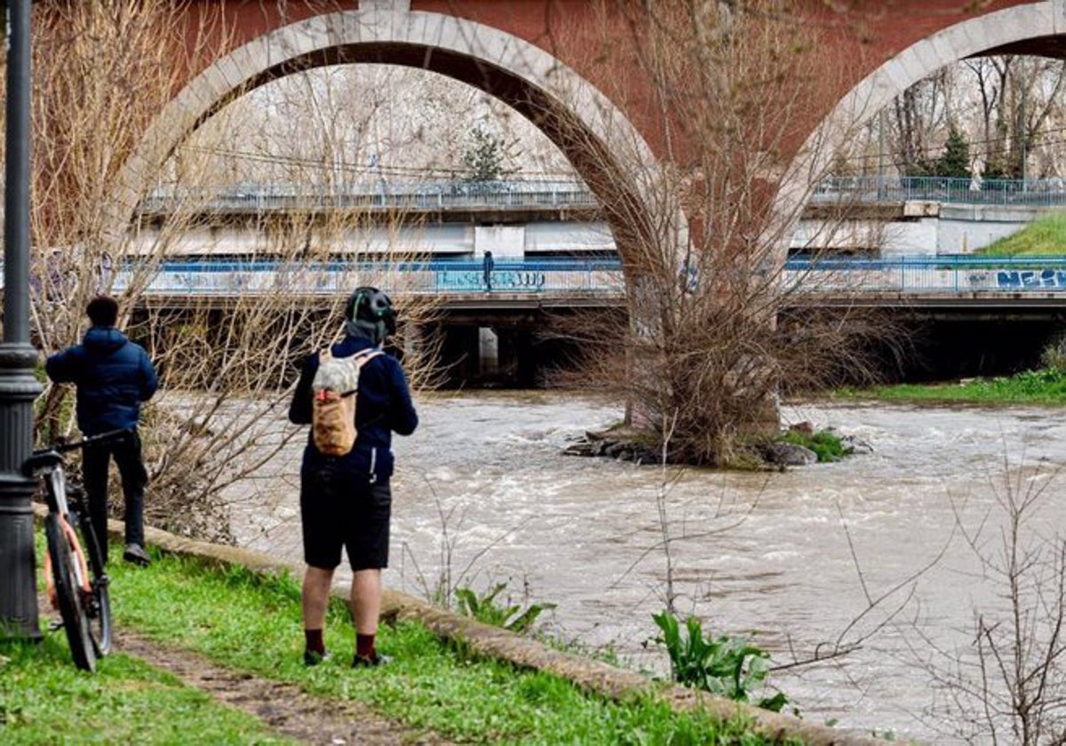 Dos personas observan el río Manzanares a su paso por el puente de los Franceses.