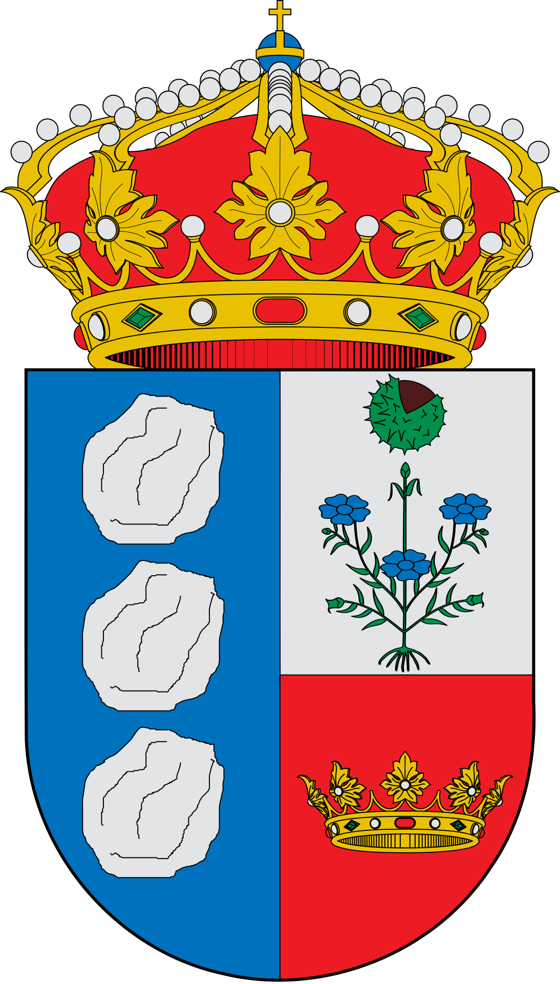 Escudo partido y medio cortado. Primero, de azur con tres cantos de plata puestos en palo. Segundo, de plata con una mata de lino arrancada y al natural, sumada de un erizo de castaña, también al natural, con una corona ducal de oro.