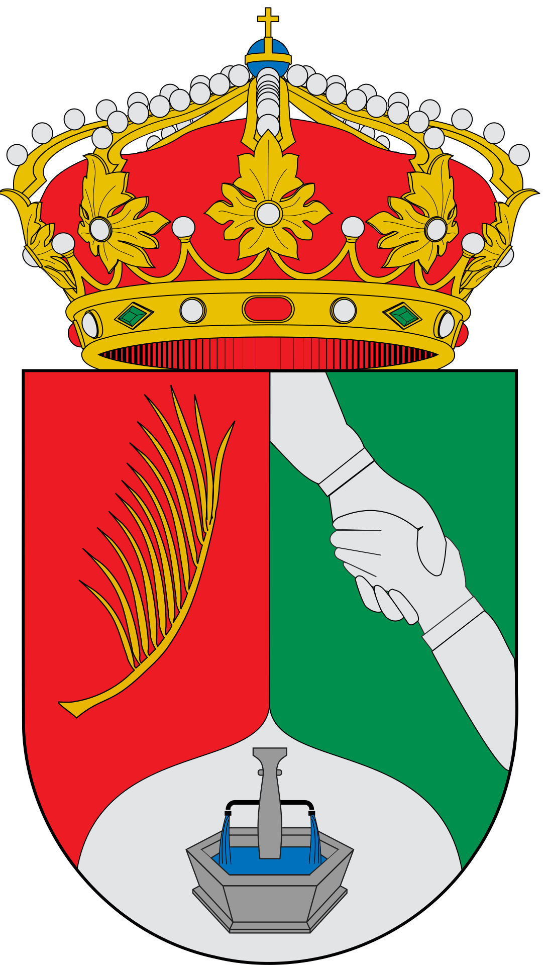 En esta caso es un escudo partido. Primero, trae de gules (como se denomina al color rojo) con palma de oro. Segundo, trae en sinople (coor verde) con dos manos entrelazadas en plata. Tercero, trae punta de plata con fuente. Timbrado de la Corona.