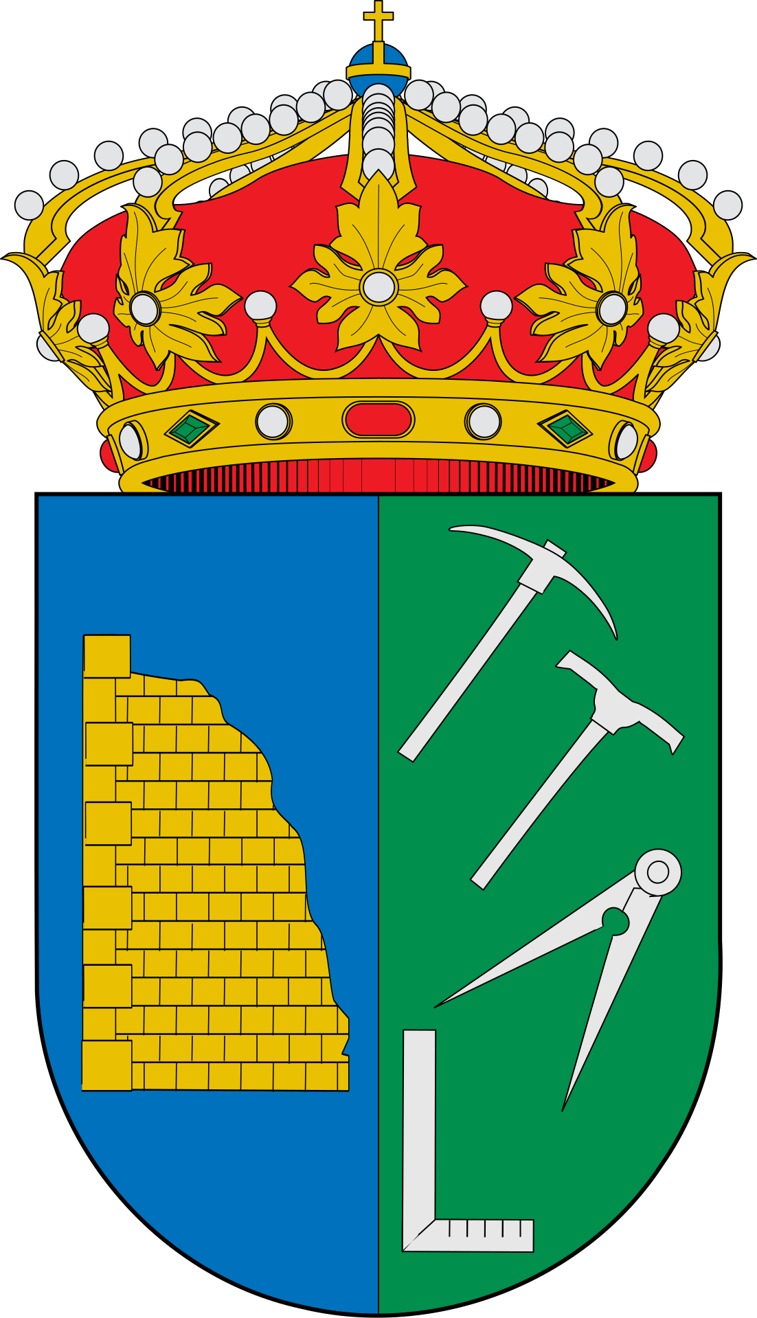 Escudo partido. Primero, de azur con un muro de oro, mazonado de sable. Segundo, de sinople con una pica, una escoda, un compás y una escuadra de plata, en referencia a la cantería de la localidad. Al timbre, la Corona Real Española.