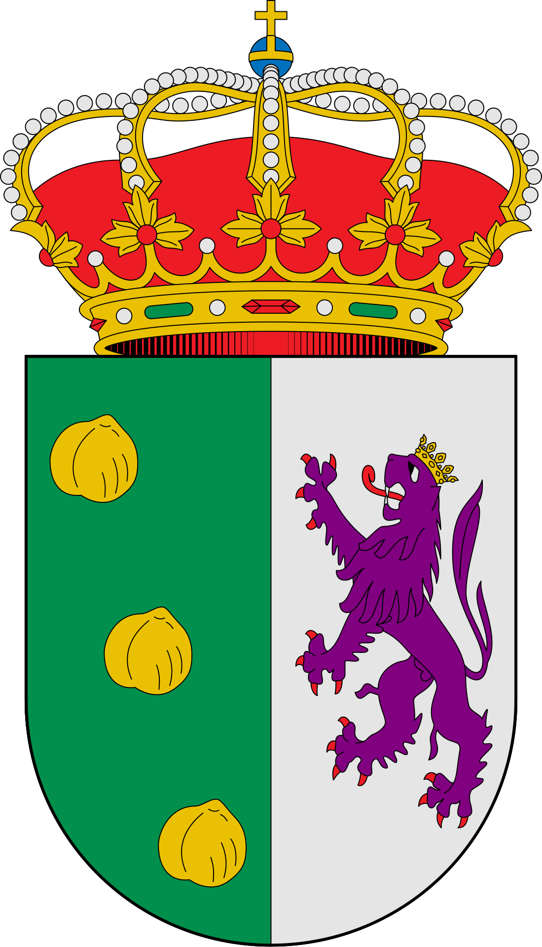 Escudo español cuadrilongo de base redondeada. Partido: primero, en sinople, tres garbanzos de oro en banda; Segundo, en plata, un león rampante de púrpura, linguado y armado de gules, y coronado de oro conforman esta heráldica.