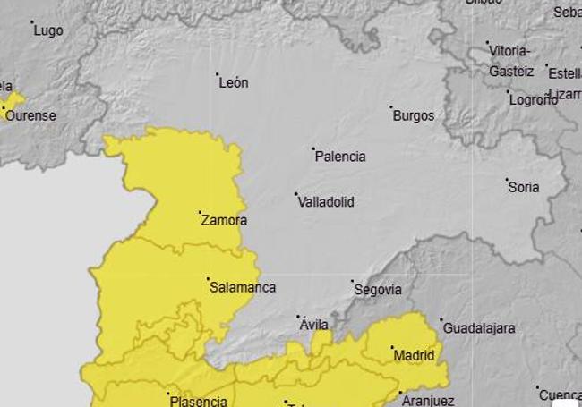 Mapa de la AEMET con las provincias de Castilla y León bajo aviso amarillo por altas temperaturas este martes.