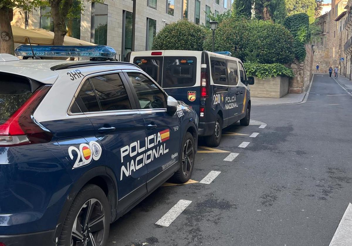 Vehículos de Policía Nacional, a la puerta del Juzgado de Guardia.