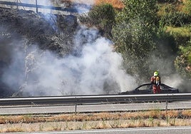 Un bombero durante la extinción del fuego en el coche.