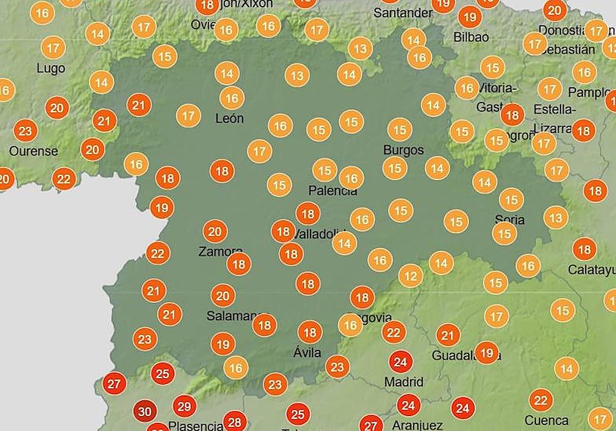 Las temperaturas que se alcanzarán este martes en Castilla y León.