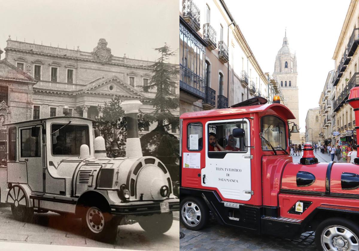El tren turístico, durante su recorrido por Palominos antes de la pandemia. El 'trenecillo blanco', en la Semana Santa de 1991, por la plaza de Anaya.