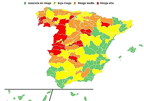 Mapa con los niveles de riesgo del Ministerio de Sanidad.