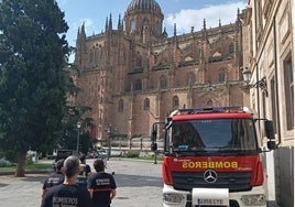 Un camión de bomberos, en la plaza de Anaya, junto a la Catedral.