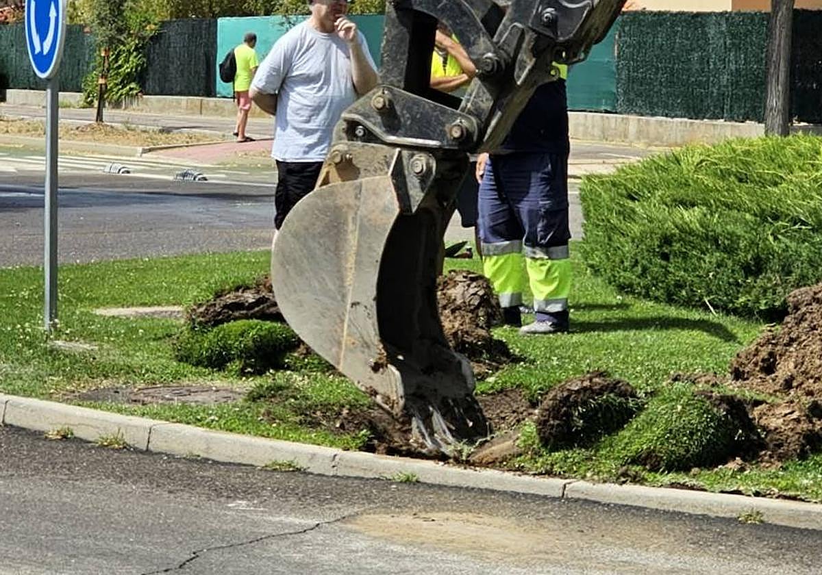 Operarios y una excavadora, en una glorieta de Carbajosa de la Sagrada.