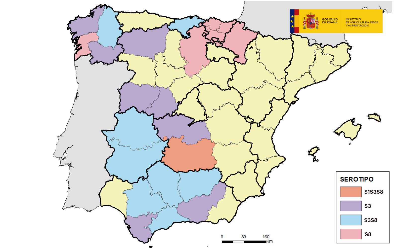 En amarillo, provincias sin casos de lengua azul.