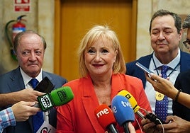 La consejera de Industria, Comercio y Empleo de la Junta de Castilla y León, Leticia García, junto al fundador del Grupo Andrés, Eustaquio Andrés (i), y el presidente de la Cámara de Comercio, Benjamín Crespo (d).