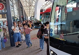 Numerosos usuarios esperan cola para subir al autobús Salamanca Zamora.