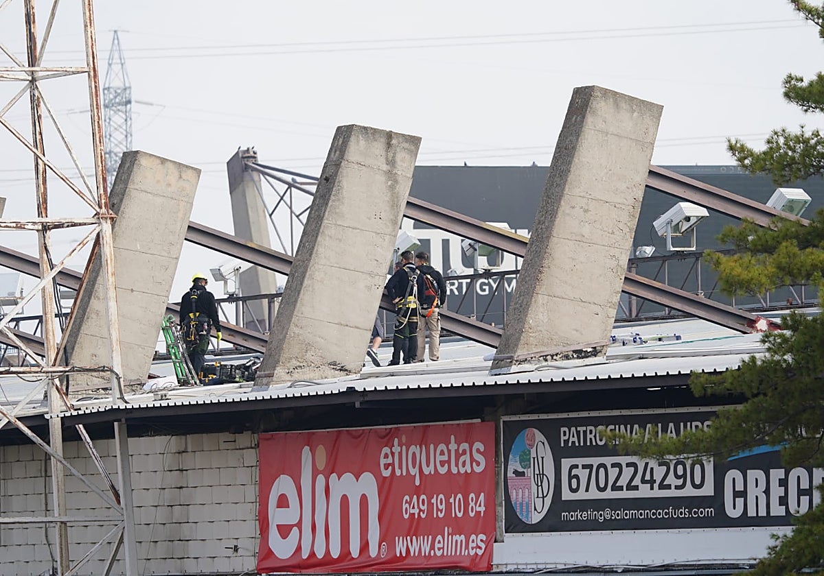 Operarios sobre la cubierta de Tribuna trabajando en la jornada de este miércoles.