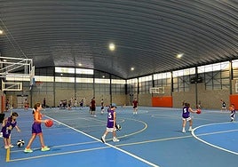 Niños, entrenando a baloncesto, en el interior de la pista deportiva cubierta.