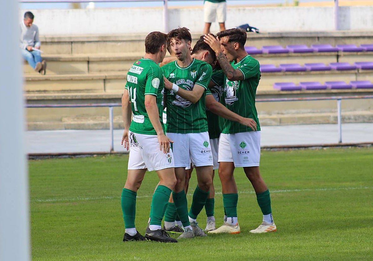 Los jugadores del CD Guijuelo celebran una de sus dianas contra el Becerril.