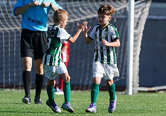 Los jugadores del conjunto chacinero prebenjamín celebran uno de sus tantos en el Vicente del Bosque.