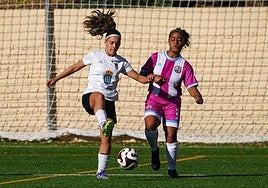 Disputa por controlar el balón durante el partido del Atlético Femenino Ciudad de Salamanca y el Ciudad Rodrigo en la Primera Infantil/Alevín Femenina.