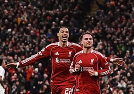 Van Dijk celebra con Mac Allister el único tanto.