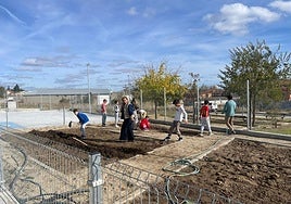 Los pequeños trabajando en el huerto escolar habilitado en el colegio de Aldeatejada.