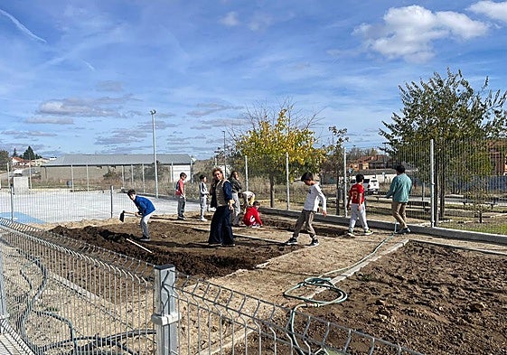 Los pequeños trabajando en el huerto escolar habilitado en el colegio de Aldeatejada.