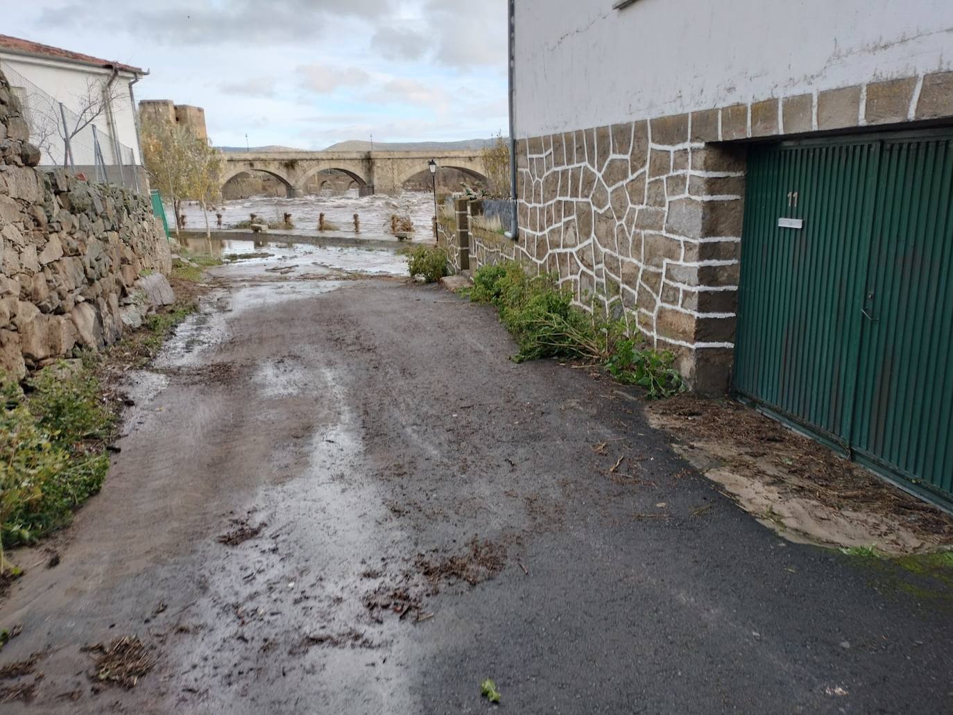Crecida del Tormes por Puente del Congosto: un garaje inundado, muros derribados o farolas dobladas