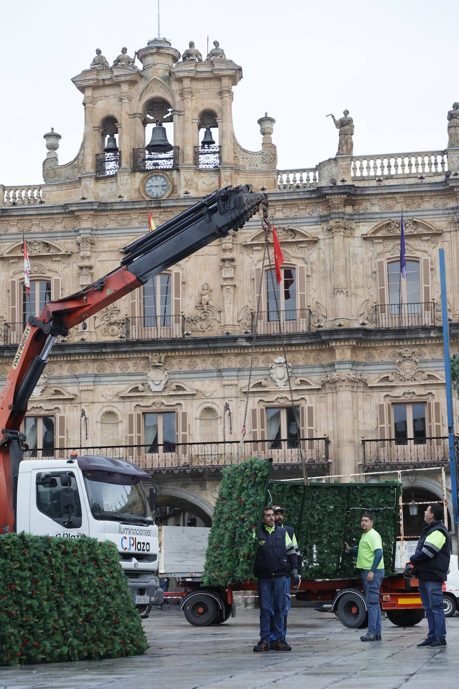 El primer día de trabajo para instalar el gran árbol de Navidad en la Plaza, en imágenes