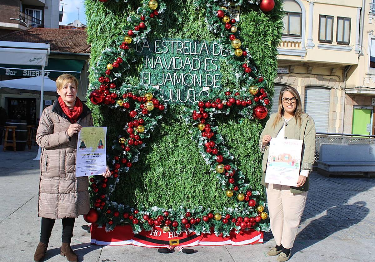 Yolanda Alonso y Laura Martín, junto al jardín vertical de la Plaza Mayor, adornado ya con elementos navideños.