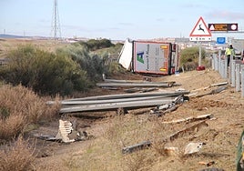 El camión volcado en la A-62, a la altura de Castellanos de Moriscos.