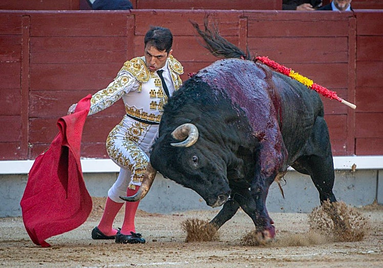 Inicio de faena de Javier Castaño a un toro de Saltillo en la plaza de Madrid.