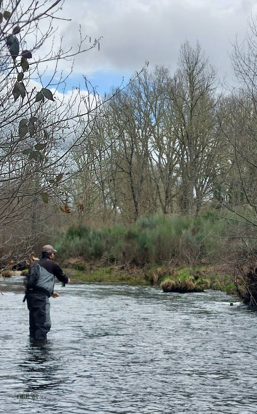 Un hombre, pescando en el río Águeda.