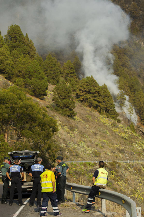 Un grupo de agentes en la posición de control de acceso a la carretera general ante la inminente llegada de las llamas del fuego.