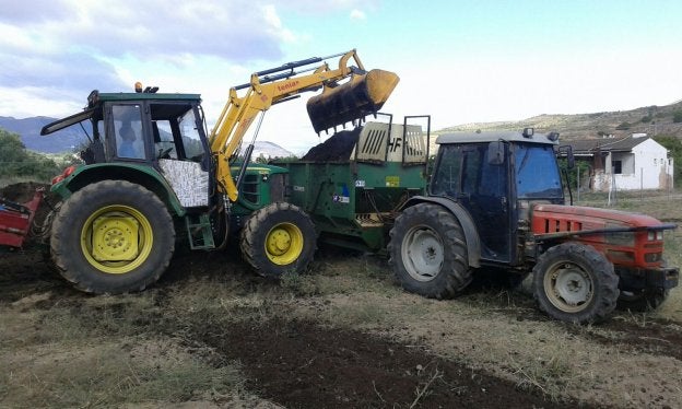 Voluntarios y máquinas trabajando sobre la finca cedida. :: 