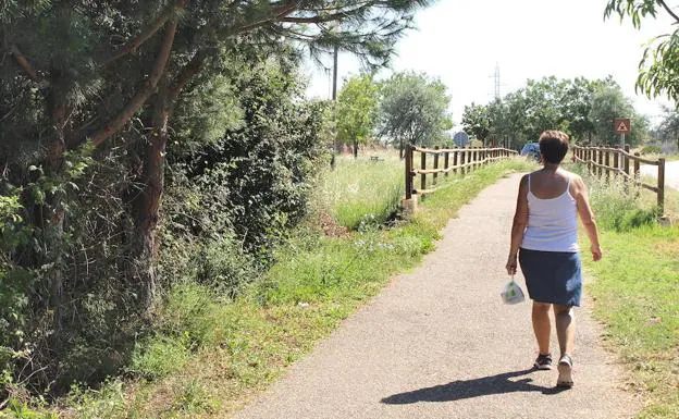 Una señora camina por la Vía Verde del Cidacos. 